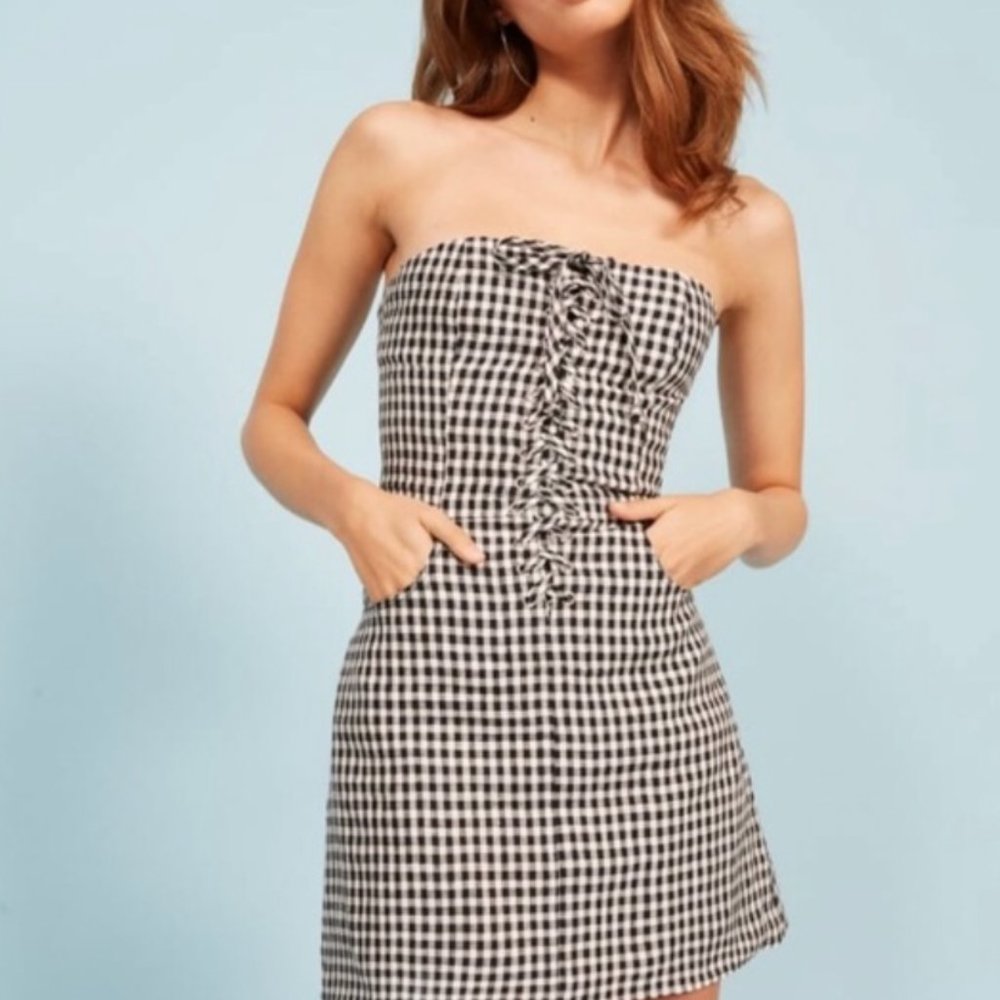 Reformation Gingham Lace Up Strapless Dress